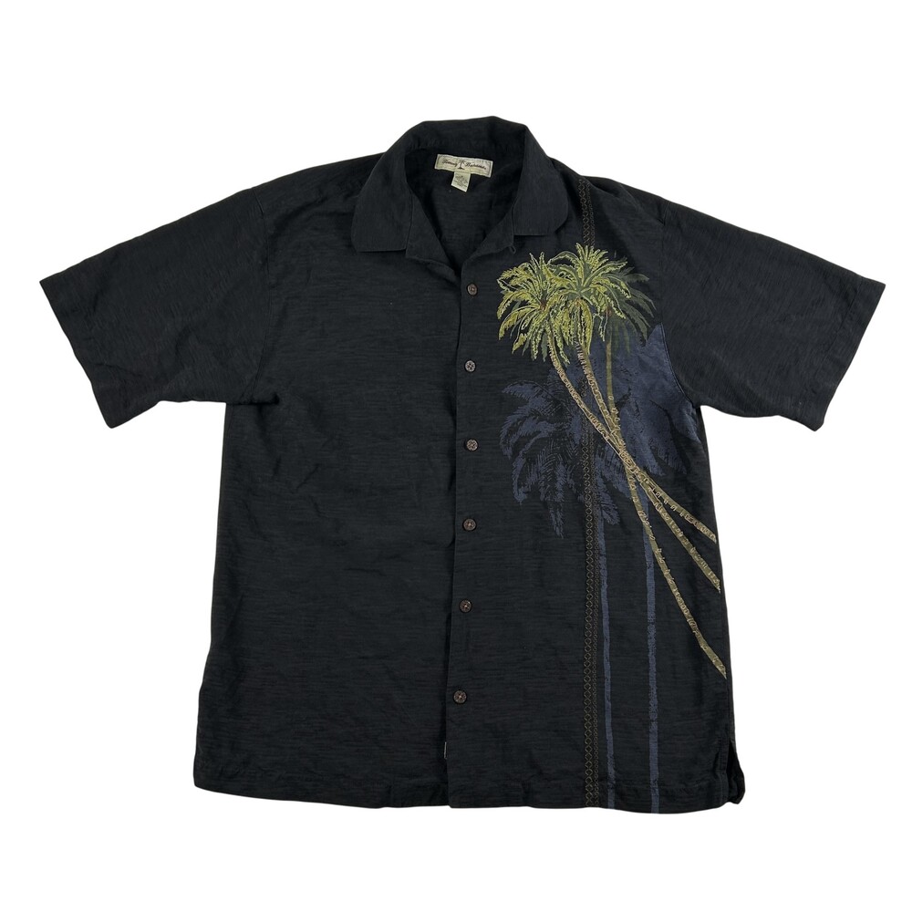 Tommy Bahama Shirt Mens Medium Black Silk Palm Tree Hawaiian Aloha Button Up